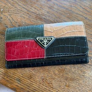 Prada Milano Tri-Fold Croc-Embossed Leather Wallet in Black, Red, Green, Tan